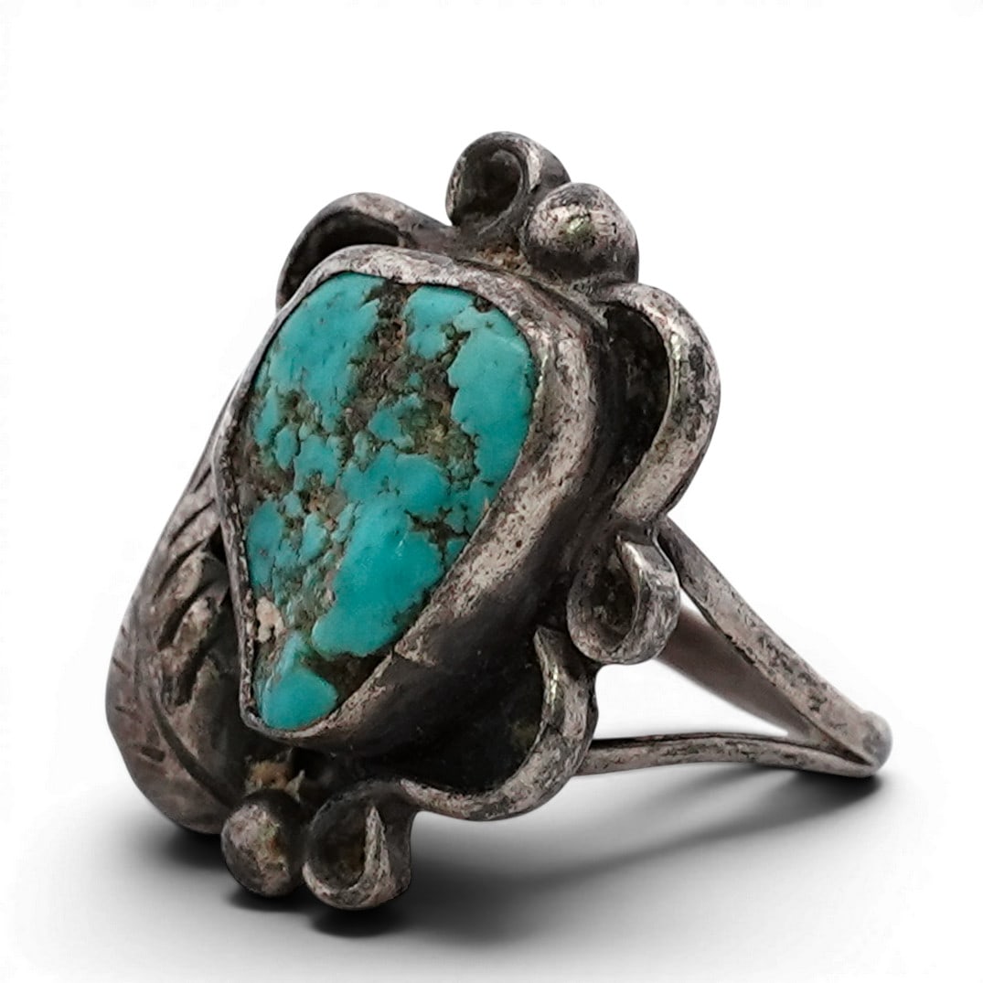 Vintage Navajo Sterling Silver Turquoise Leaf Ring Signed (1 of 5)