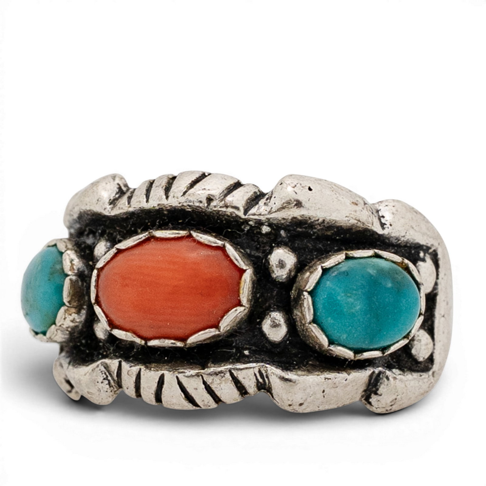 Vintage Southwestern Sterling Silver Turquoise & Coral Ring (1 of 4)