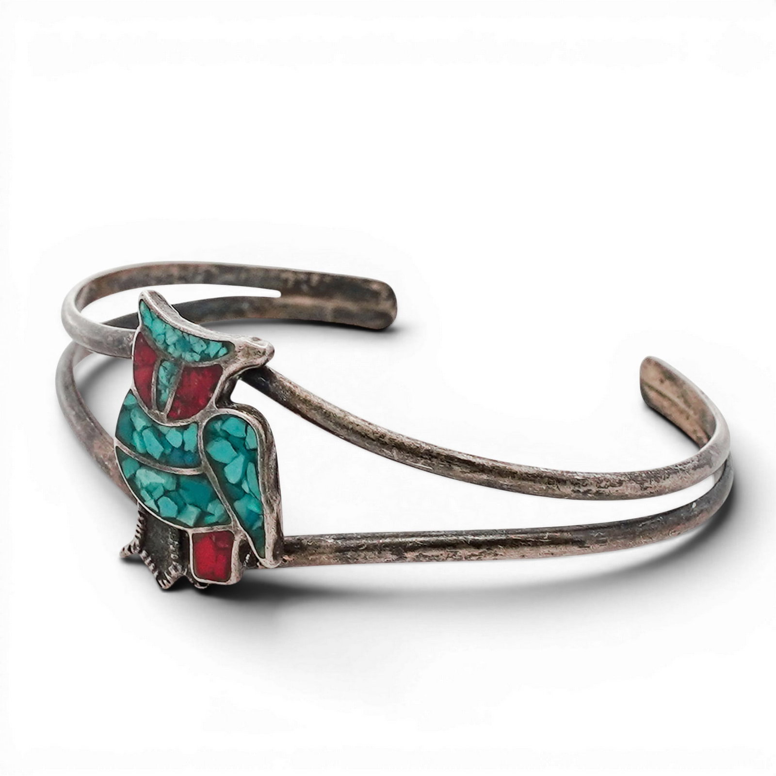 Vintage Zuni Sterling Silver Turquoise & Coral Inlay Owl Cuff Bracelet (1 of 4)