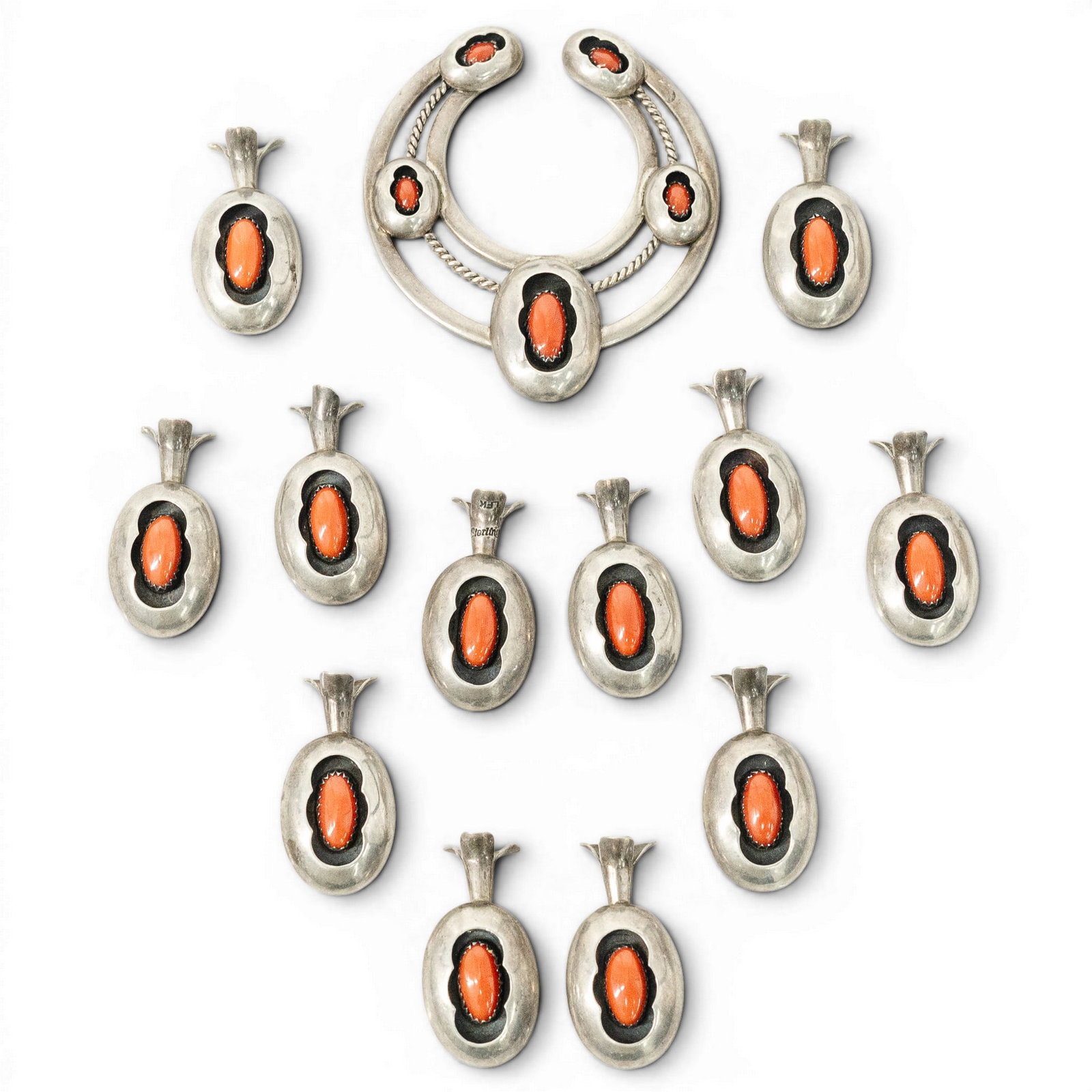 Vintage Navajo Sterling Silver Unstrung Coral Squash Blossom Necklace Signed (1 of 5)