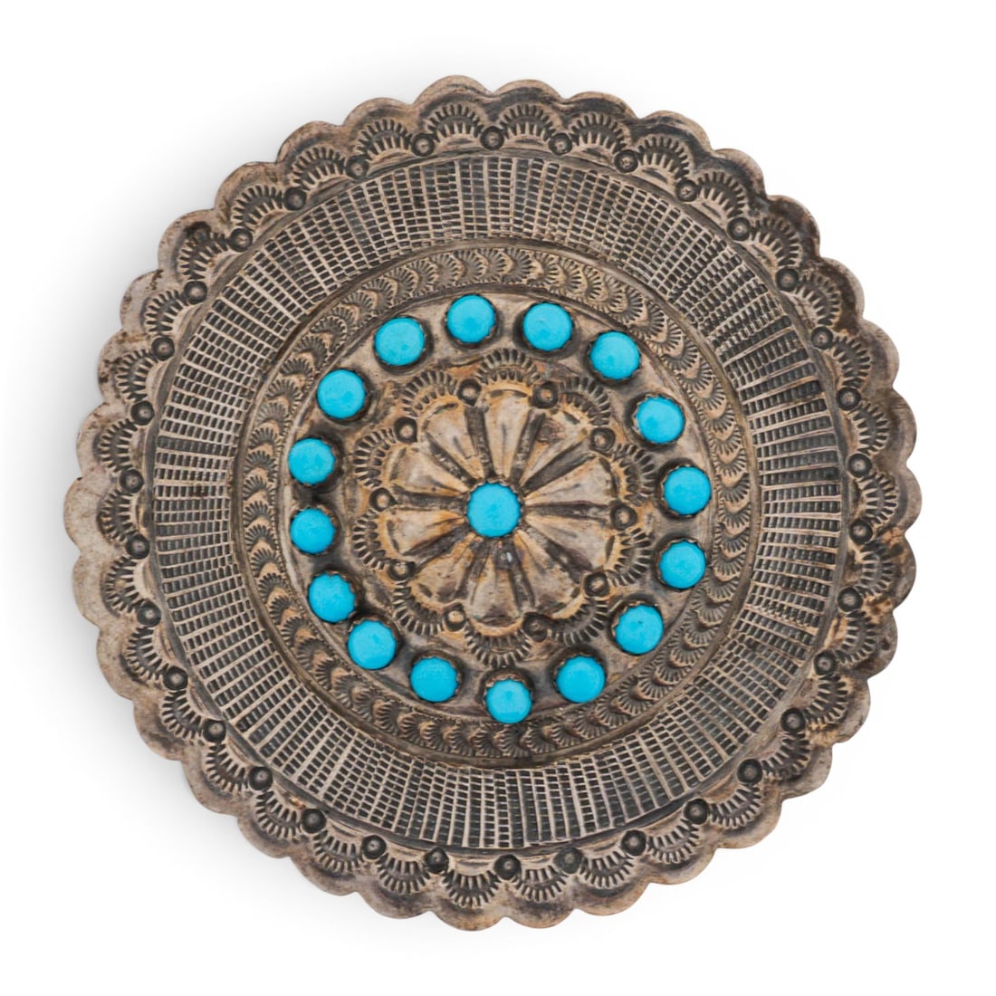 Vintage Navajo Sterling Silver & Turquoise Belt Buckle Signed: Vintage Navajo Sterling Silver & Turquoise Belt Buckle Signed Late 20th Century, USA Vintage Navajo sterling silver domed concho form centered with a repoussé floral element set with a round turquois