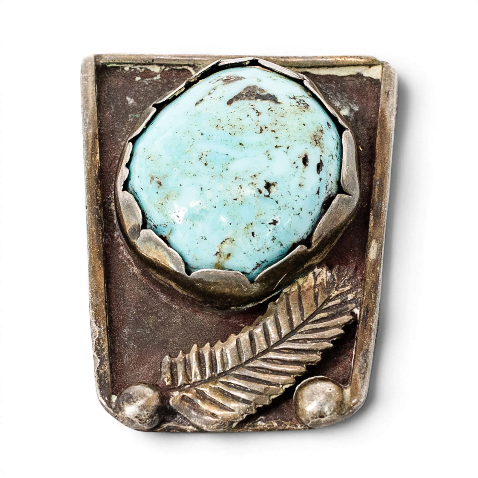 Vintage Navajo Sterling Silver & Large Turquoise Bolo Tie: Vintage Navajo Sterling Silver & Large Turquoise Bolo Tie 1940s-1960s, USA Vintage sterling silver bolo tie slide set with a large round turquoise cabochon in a sawtooth bezel, accented by applied fea
