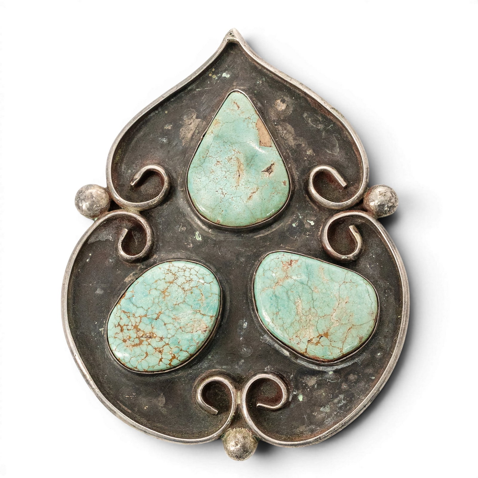Vintage Navajo Sterling Silver & Turquoise Large Bolo Tie: Vintage Navajo Sterling Silver & Turquoise Large Bolo Tie 1970s-1980s, USA Vintage Navajo sterling silver bolo tie slide set with three large turquoise cabochons in plain bezels, accented by applied s