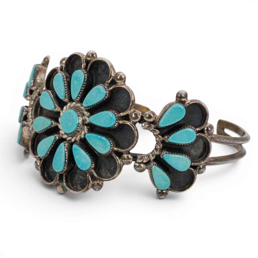 Vintage Zuni Sterling Silver & Turquoise Cluster Cuff Bracelet Signed (1 of 6)