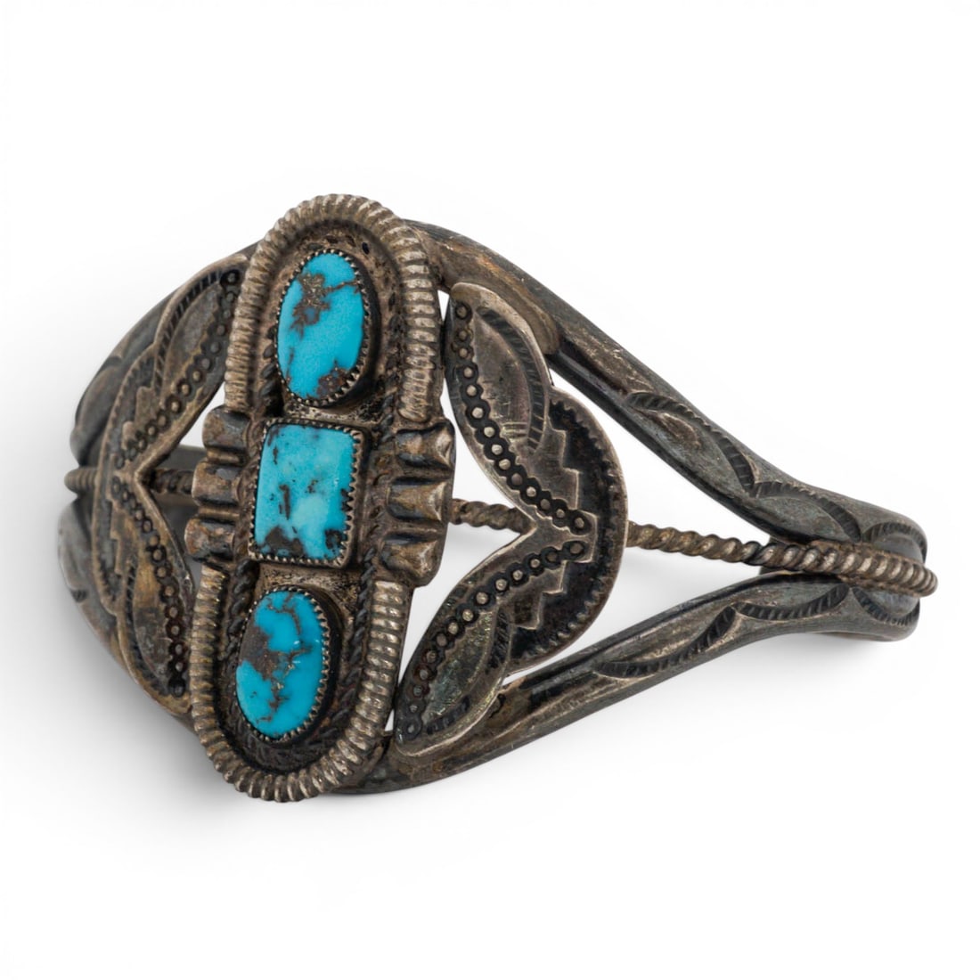 Vintage Sterling Silver & Three-Stone Turquoise Cluster Cuff Bracelet (1 of 4)