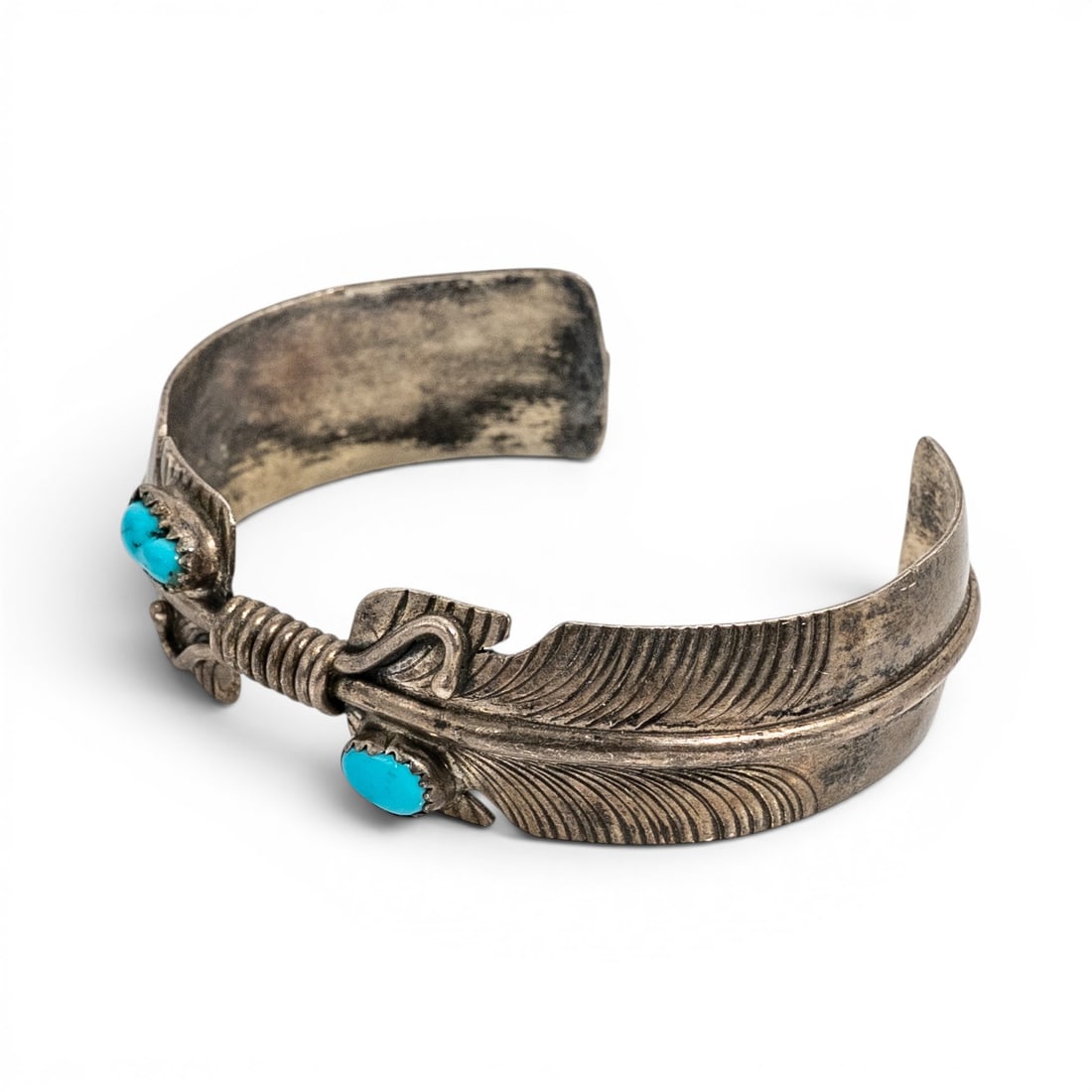 Vintage Sterling Silver & Dual Turquoise Feather Motif Cuff Bracelet (1 of 7)