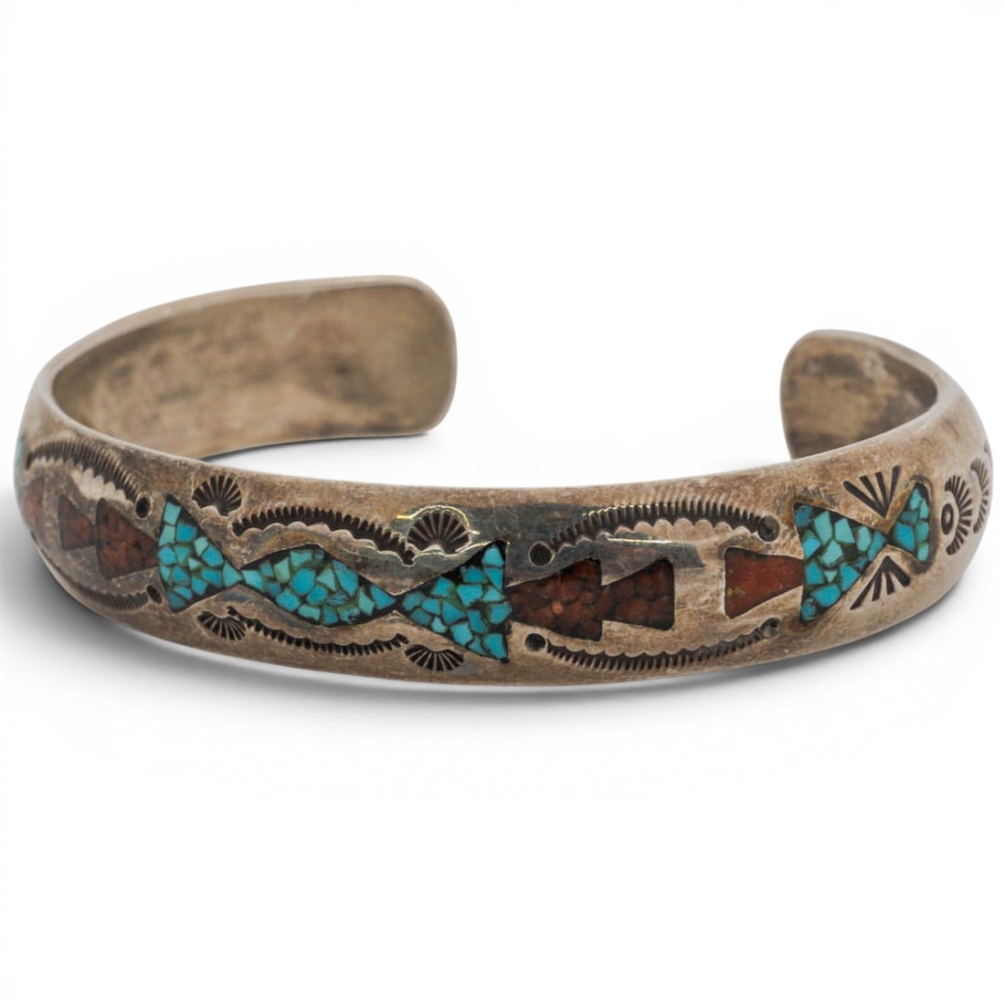 Vintage Navajo Sterling Silver Turquoise & Coral Thunderbird Inlay Cuff Bracelet Signed: Vintage Navajo Sterling Silver Turquoise & Coral Thunderbird Inlay Cuff Bracelet Signed 1970s-1980s, USA Sterling silver cuff bracelet with central chip inlay design of turquoise and red stone,