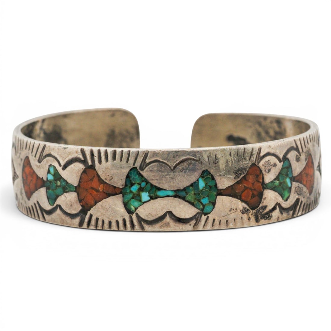 Vintage Southwestern Sterling Silver Turquoise & Coral Mosaic Inlay Cuff Bracelet Signed (1 of 4)