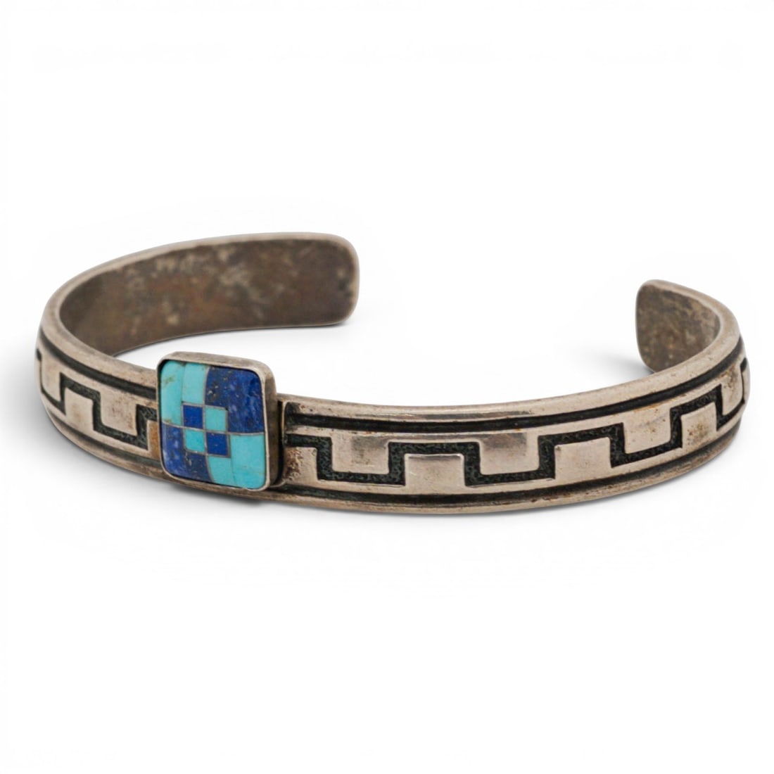 Relios Carolyn Pollack Sterling Silver Inlay Cuff Bracelet: Relios Carolyn Pollack Sterling Silver Inlay Cuff Bracelet 1980s-1990s, USA Sterling silver cuff bracelet by Relios, Inc. for the Carolyn Pollack line, featuring a central square inlay plaque composed