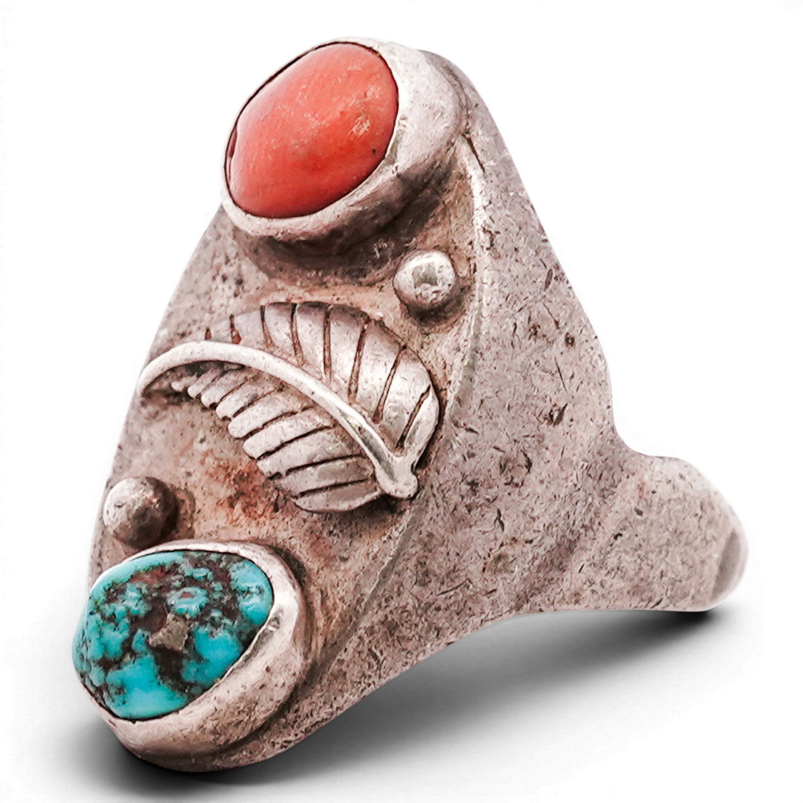 Vintage Navajo Sterling Silver Turquoise & Coral Leaf Motif Ring: Vintage Navajo Sterling Silver Turquoise & Coral Leaf Motif Ring 1970s–1980s, USA Sterling silver ring set with an oval turquoise cabochon and a round coral cabochon, each within serrated bezels, ar
