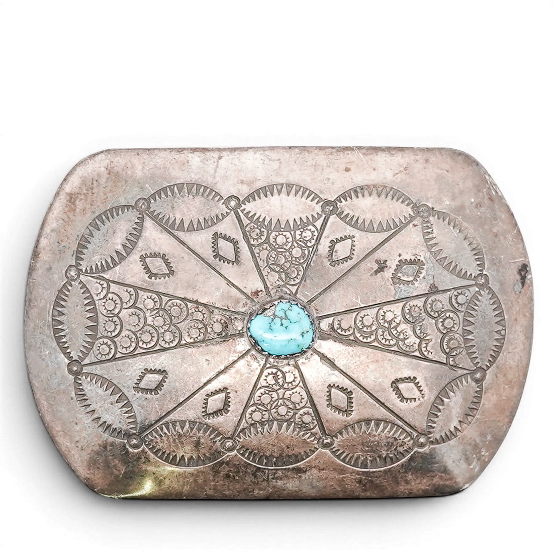 Vintage Navajo Sterling Silver &Turquoise Concho Belt Buckle: Vintage Navajo Sterling Silver &Turquoise Concho Belt Buckle 1970s-1980s, USA Sterling silver belt buckle of rectangular form with rounded corners, decorated with a radial concho-style stamped design 