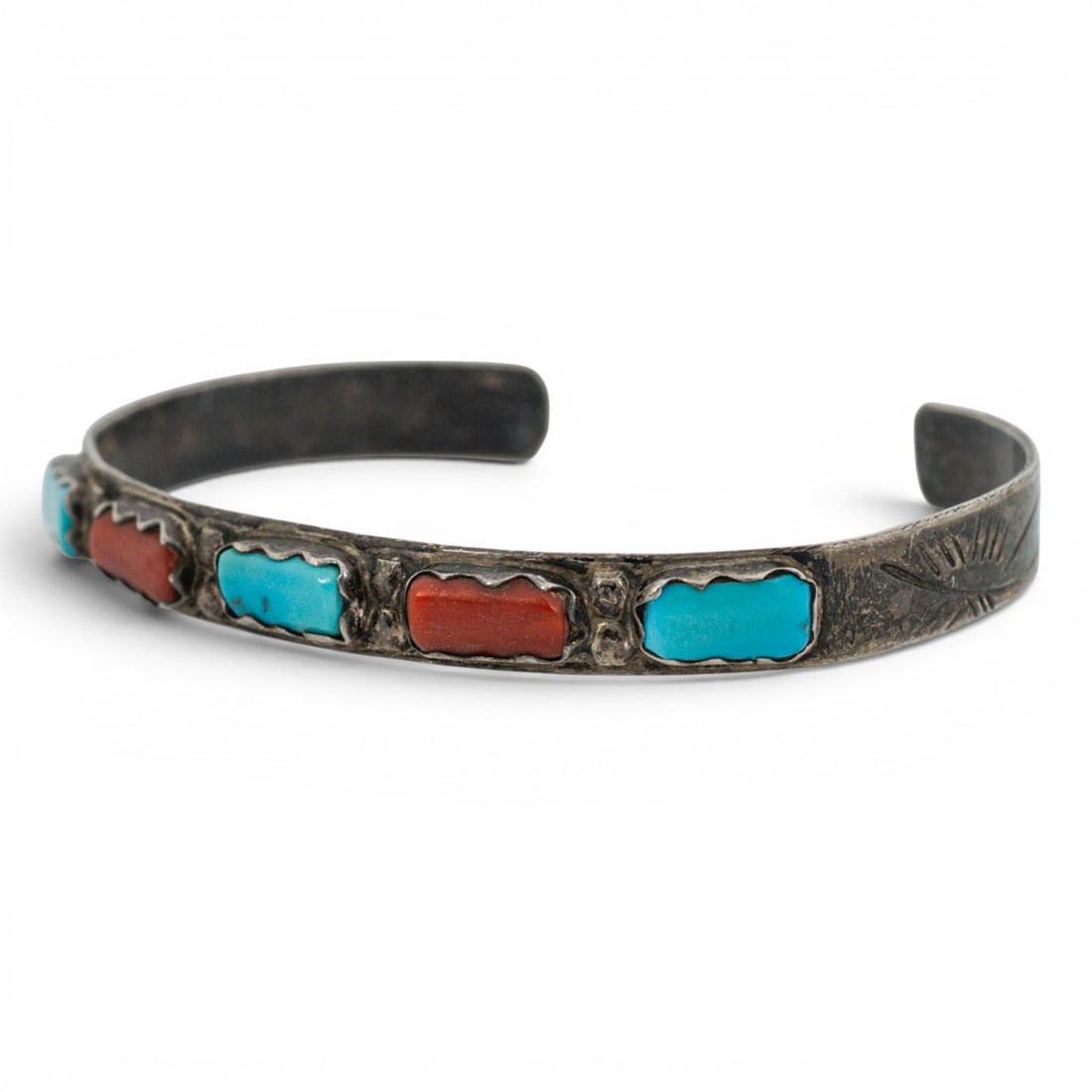 Vintage Francis Cheama Zuni Sterling Silver Turquoise & Coral Cuff Bracelet: Vintage Francis Cheama Zuni Sterling Silver Turquoise & Coral Cuff Bracelet 1970s-1980s, USA Vintage Zuni sterling silver cuff bracelet by Francis Cheama set with alternating rectangular turquoise and