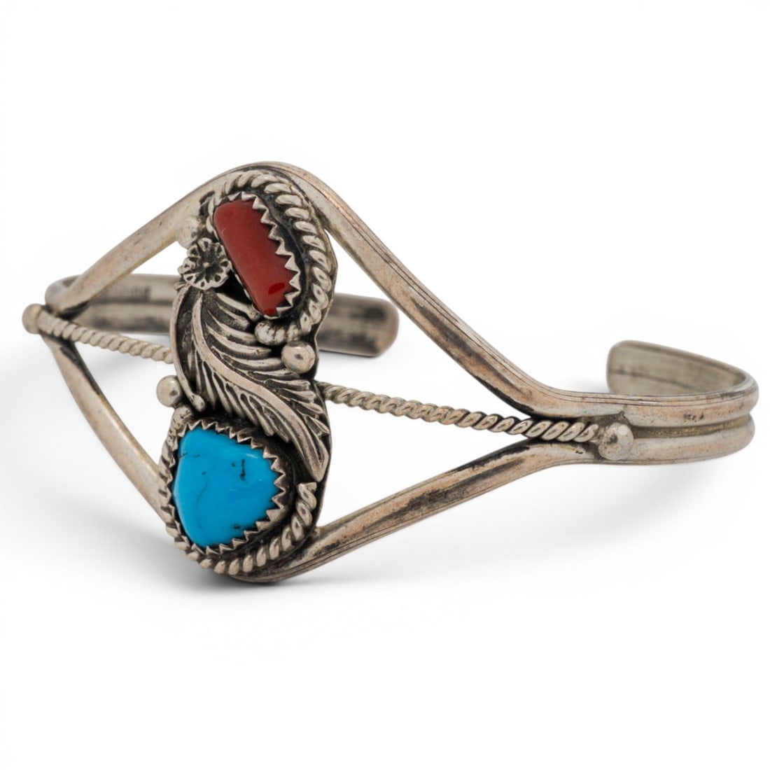 Vintage Navajo Sterling Silver Turquoise & Coral Feather Motif Cuff Bracelet (1 of 5)