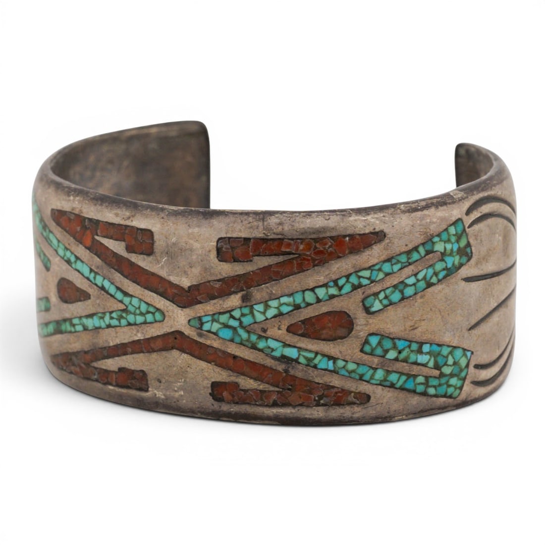Vintage Navajo Sterling Silver Turquoise & Coral Inlay Cuff Bracelet Signed: Vintage Navajo Sterling Silver Turquoise & Coral Inlay Cuff Bracelet Signed 1970s-1980s, USA Wide sterling silver cuff bracelet featuring geometric mosaic inlay of crushed turquoise and red coral set 