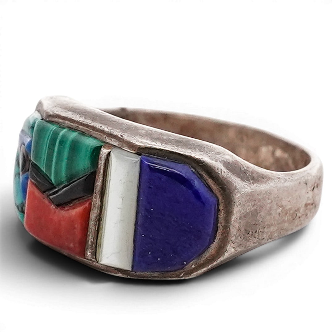 Don Lucas Vintage Sterling Silver & Multi-Stone Inlay Ring: Don Lucas Vintage Sterling Silver & Multi-Stone Inlay Ring 1970s-1980s USA Sterling silver ring featuring a geometric mosaic inlay composed of turquoise, lapis lazuli, malachite, coral, black onyx, an
