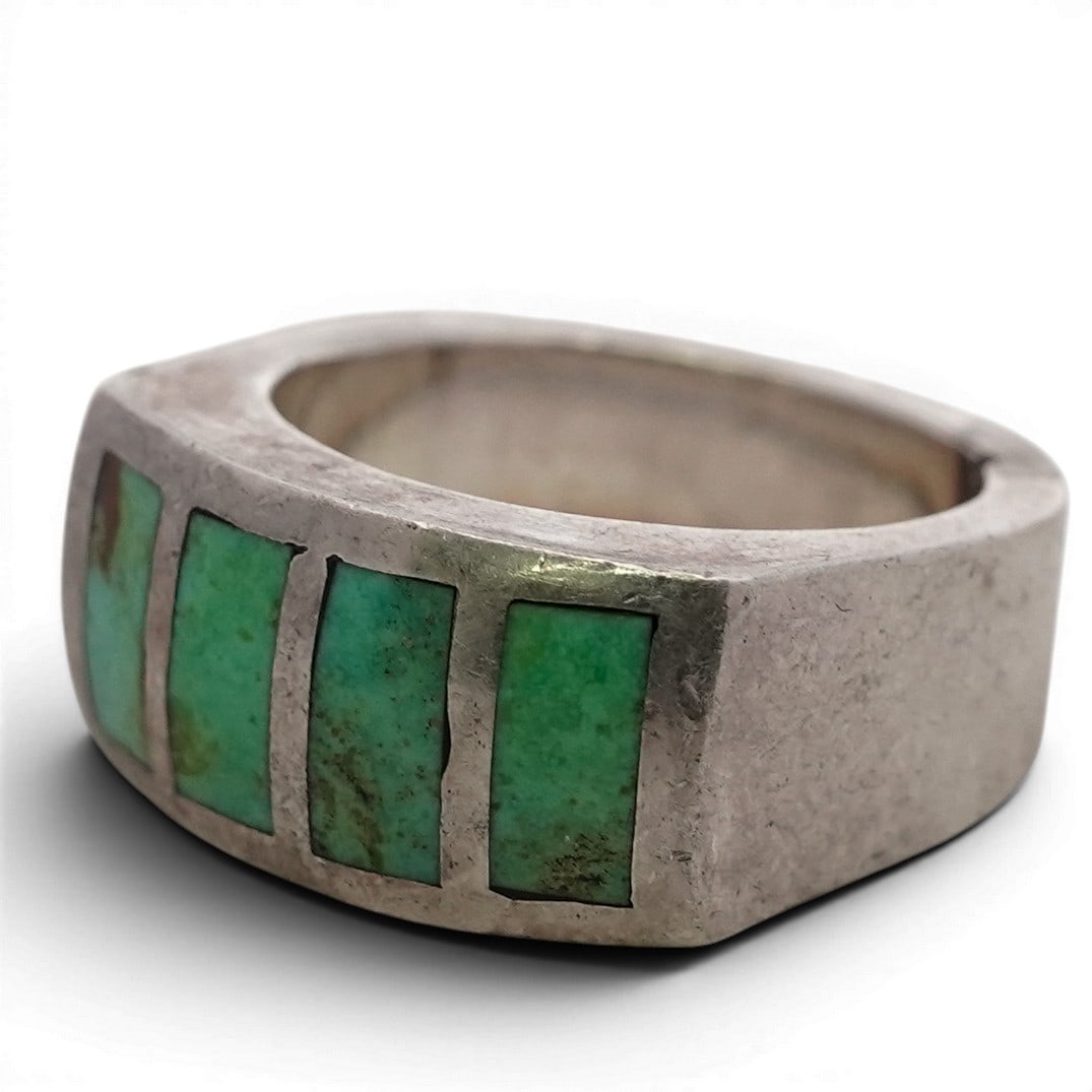 Mark Drozd Sterling Silver & Turquoise Inlay Ring: Mark Drozd Sterling Silver & Turquoise Inlay Ring Late 20th Century, USA Heavy sterling silver ring featuring five rectangular turquoise inlay panels set across a wide curved face. The stones display 