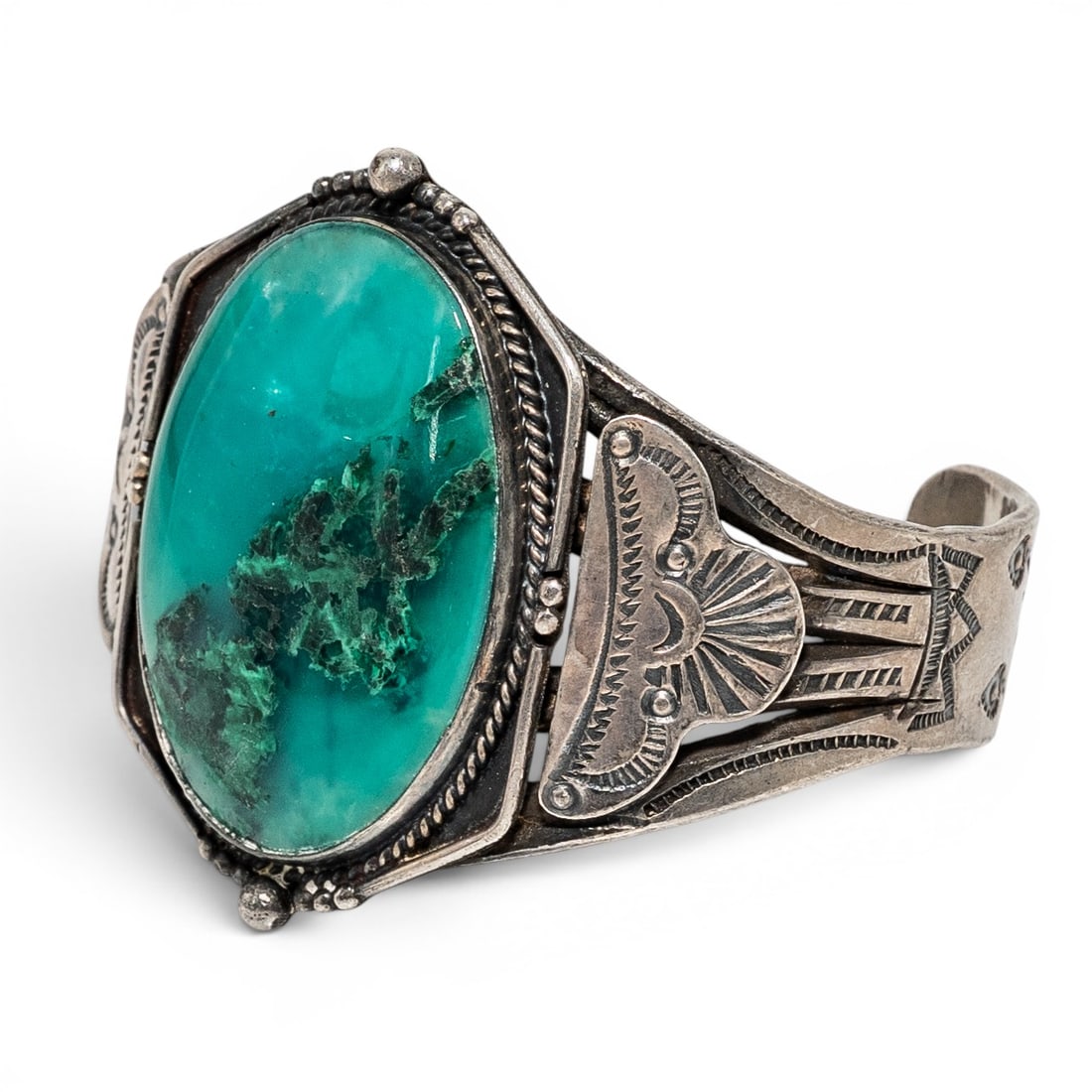 Vintage Sterling Silver & Green Turquoise Large Oval Cuff: Vintage Sterling Silver & Green Turquoise Large Oval Cuff 1970s-1980s, USA Hand fabricated sterling silver cuff bracelet set with a large oval green turquoise cabochon with natural dark matrix in a sm