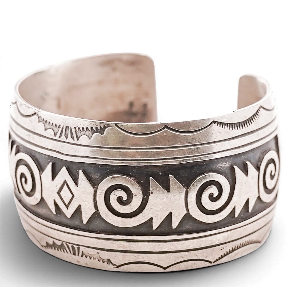 Vintage Navajo Sterling Silver Overlay Cuff Bracelet Signed: Vintage Navajo Sterling Silver Overlay Cuff Bracelet Signed 1970s-1980s, USA Vintage Navajo sterling silver cuff bracelet executed in overlay technique with applied geometric motifs including spirals,