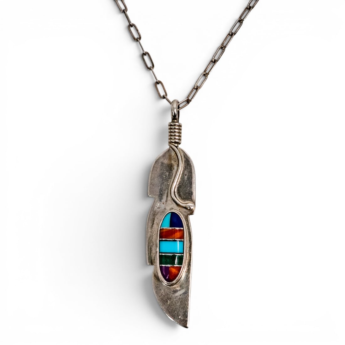 Vintage Navajo Sterling Silver Inlay Feather Pendant Necklace Signed: Vintage Navajo Sterling Silver Inlay Feather Pendant Necklace Signed 1970s-1980s, USA Vintage Navajo sterling silver pendant in stylized feather form set with an oval multi-stone inlay panel composed 