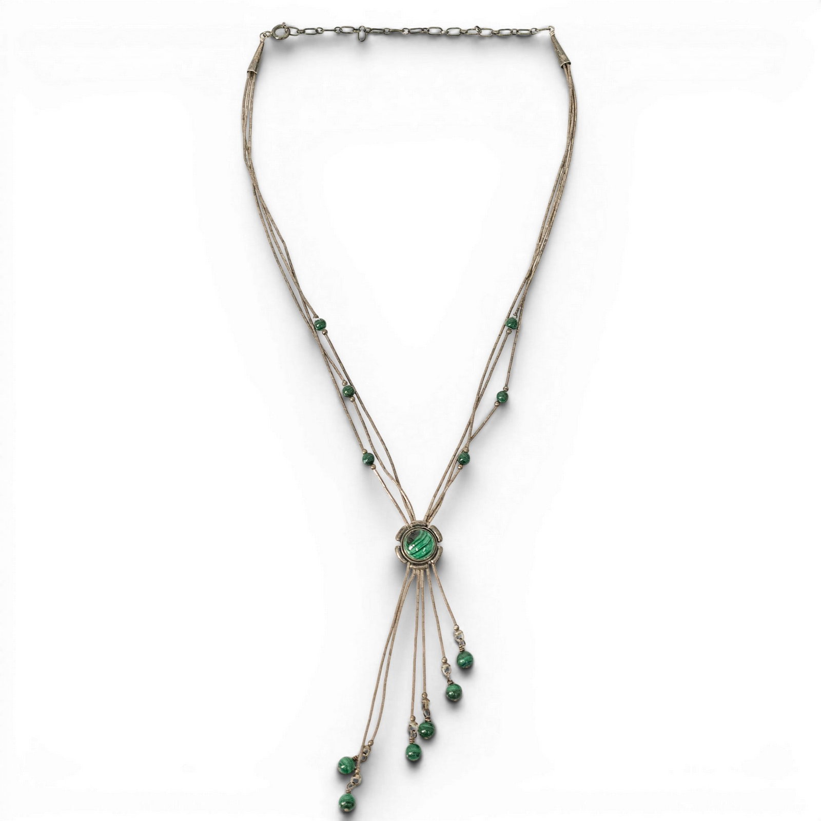 Vintage Mexican Sterling Silver & Malachite Multi Strand Necklace Signed: Vintage Mexican Sterling Silver & Malachite Multi Strand Necklace Signed 1970s-1980s, Mexican Sterling silver necklace comprised of articulated tubular strands terminating in malachite bead drops with