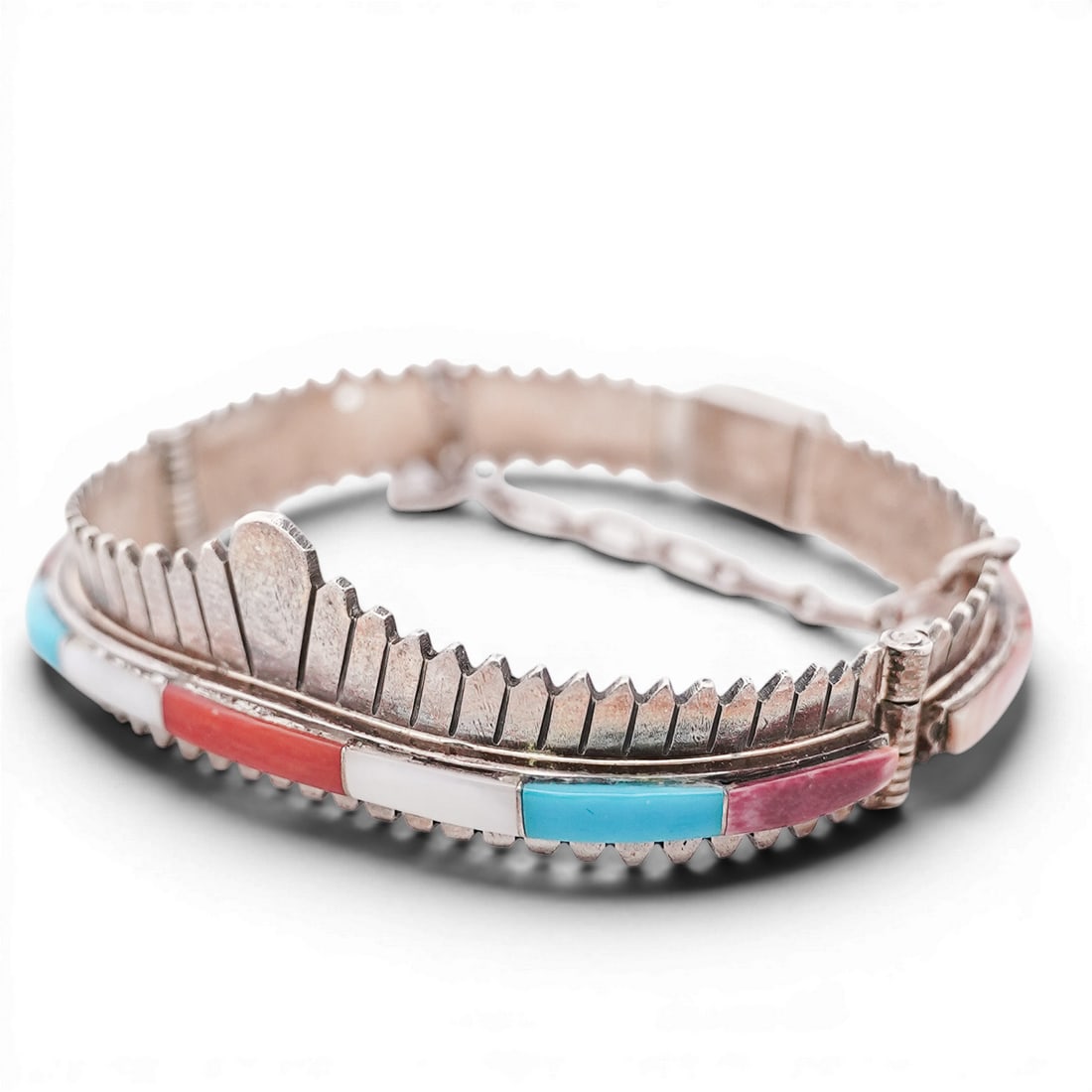 Vintage Southwest Sterling Silver & Multi-Stone Inlay Hinged Bracelet (1 of 6)