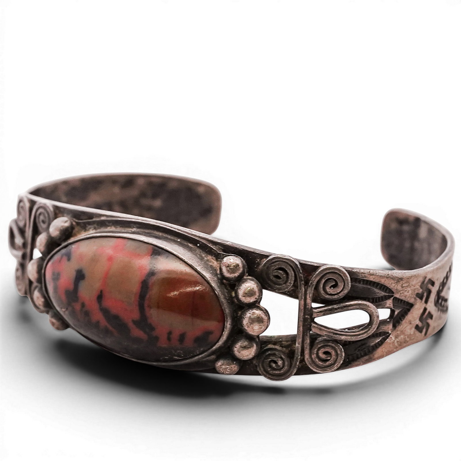 Vintage Southwestern Sterling Silver & Jasper Cuff Bracelet: Vintage Southwestern Sterling Silver & Jasper Cuff Bracelet Late 20th Century, USA Vintage southwestern sterling silver cuff set with an oval red and black jasper cabochon, accented with applied beadw