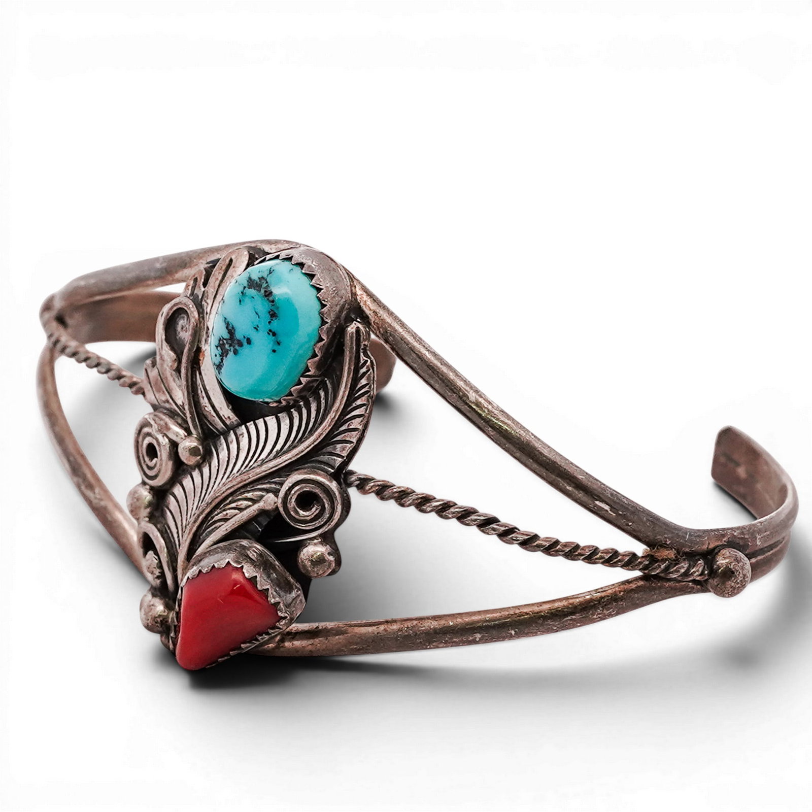 Vintage Navajo Sterling Silver Turquoise & Coral Bracelet (1 of 5)