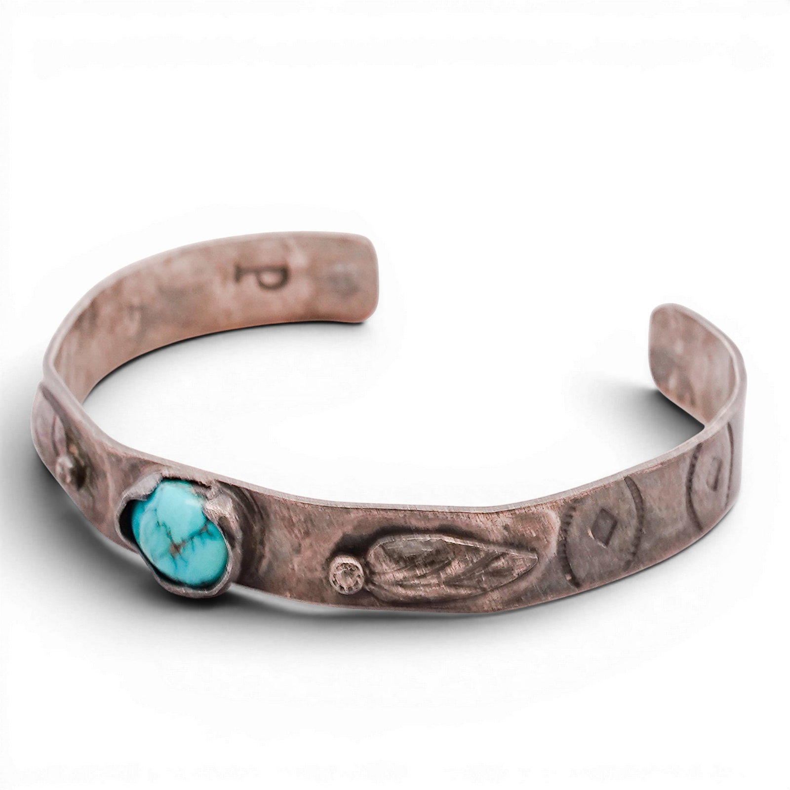 Vintage Navajo Sterling Silver & Turquoise Cuff Bracelet Signed: Vintage Navajo Sterling Silver & Turquoise Cuff Bracelet Signed 1970s-1980s, USA Hand-fabricated cuff bracelet centered by an oval turquoise cabochon in a plain bezel, flanked by applied leaf elements