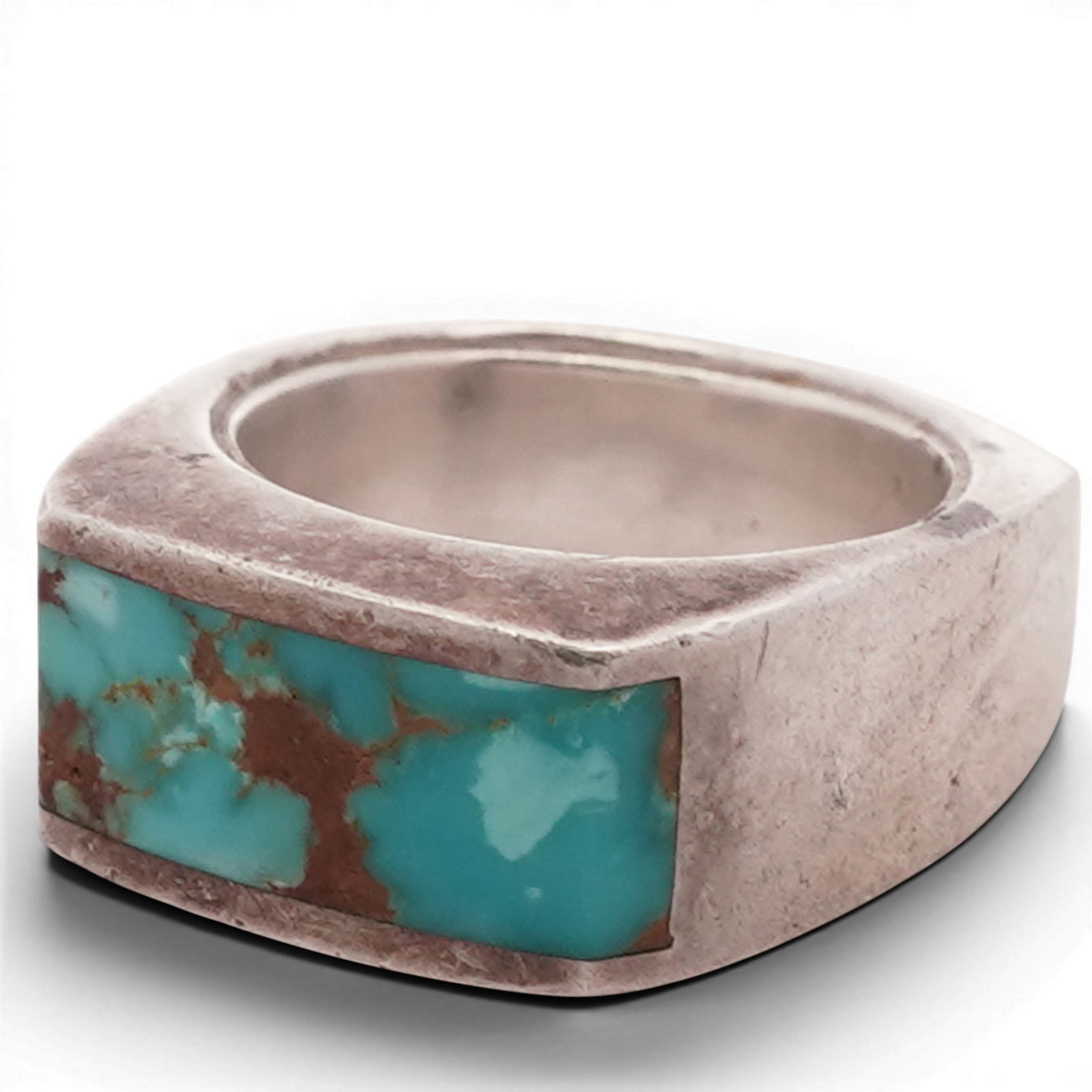 Vintage Navajo Sterling Silver & Turquoise Inlay Ring Signed: Vintage Navajo Sterling Silver & Turquoise Inlay Ring Signed Late 20th Century, USA Vitnage wide band ring set with a rectangular turquoise inlay panel displaying blue-green coloration with natural br