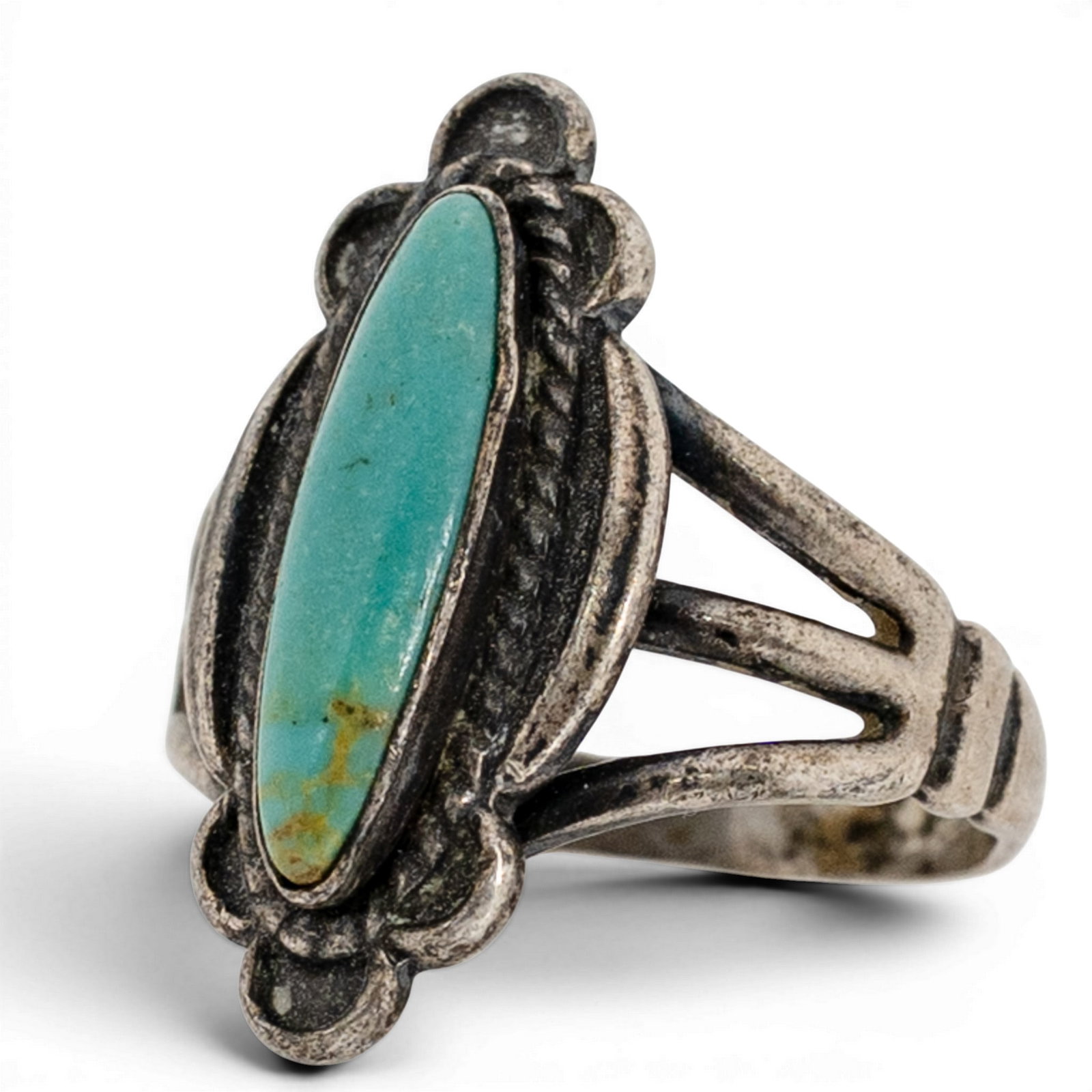Vintage Navajo Sterling Silver & Turquoise Ring Signed: Vintage Navajo Sterling Silver & Turquoise Ring Signed 1970s-1980s, USA Elongated marquise turquoise cabochon set in a plain bezel, framed by twisted wire and bordered with applied scalloped elements 