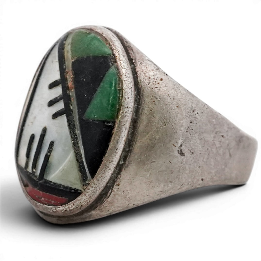 Vintage Zuni & Sterling Silver Inlay Ring: Vintage Zuni & Sterling Silver Inlay Ring 1970s-1980s, USA Vintage Zuni sterling silver ring featuring geometric channel inlay with turquoise, jet, mother-of-pearl, and coral in traditional Sunface-in