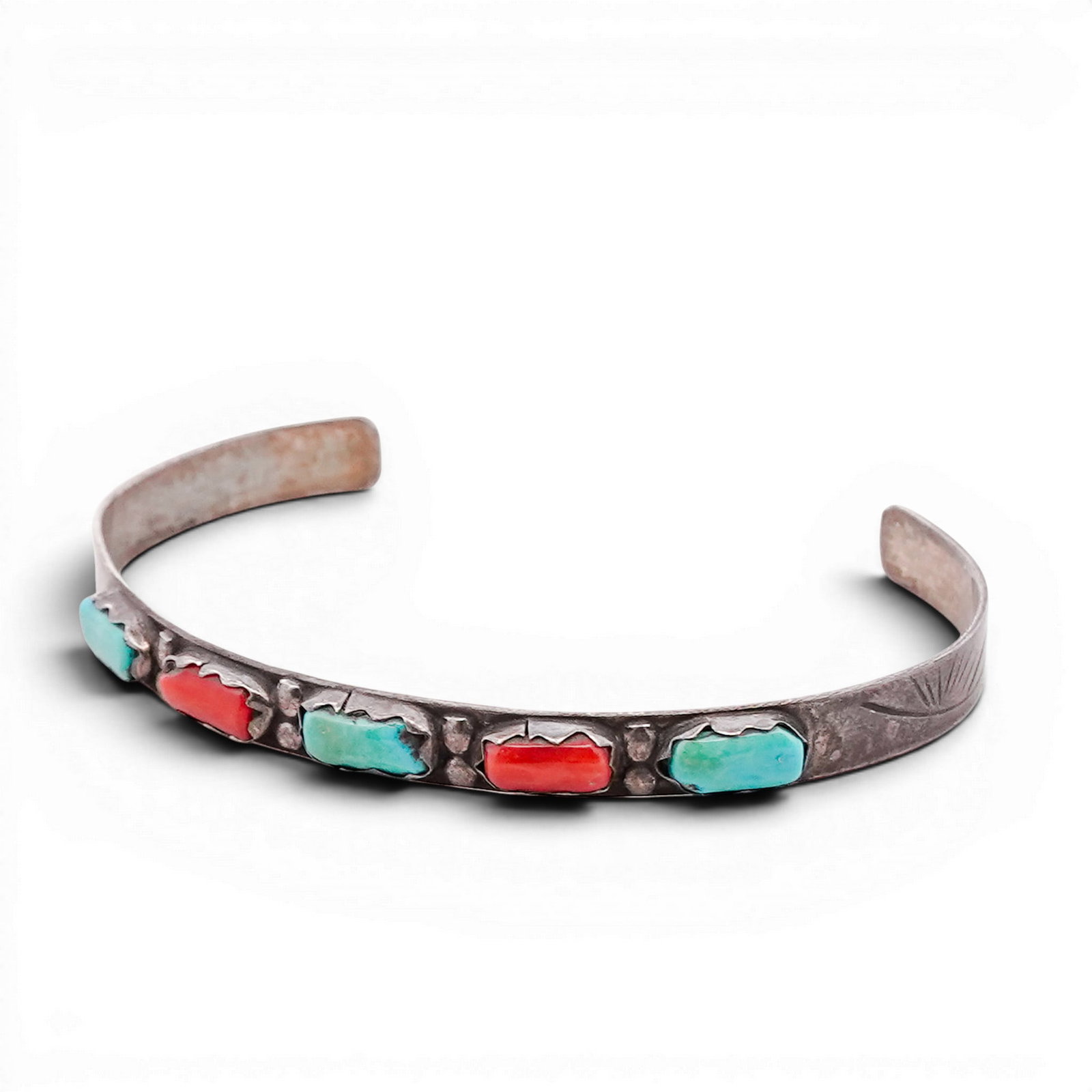 Vintage E. Cheama Navajo Sterling Silver Turquoise & Coral Cuff Bracelet: Vintage E. Cheama Navajo Sterling Silver Turquoise & Coral Cuff Bracelet 1970s-1980s, USA Vintage Navajo sterling silver cuff bracelet set with alternating turquoise and coral cabochons in serrated be