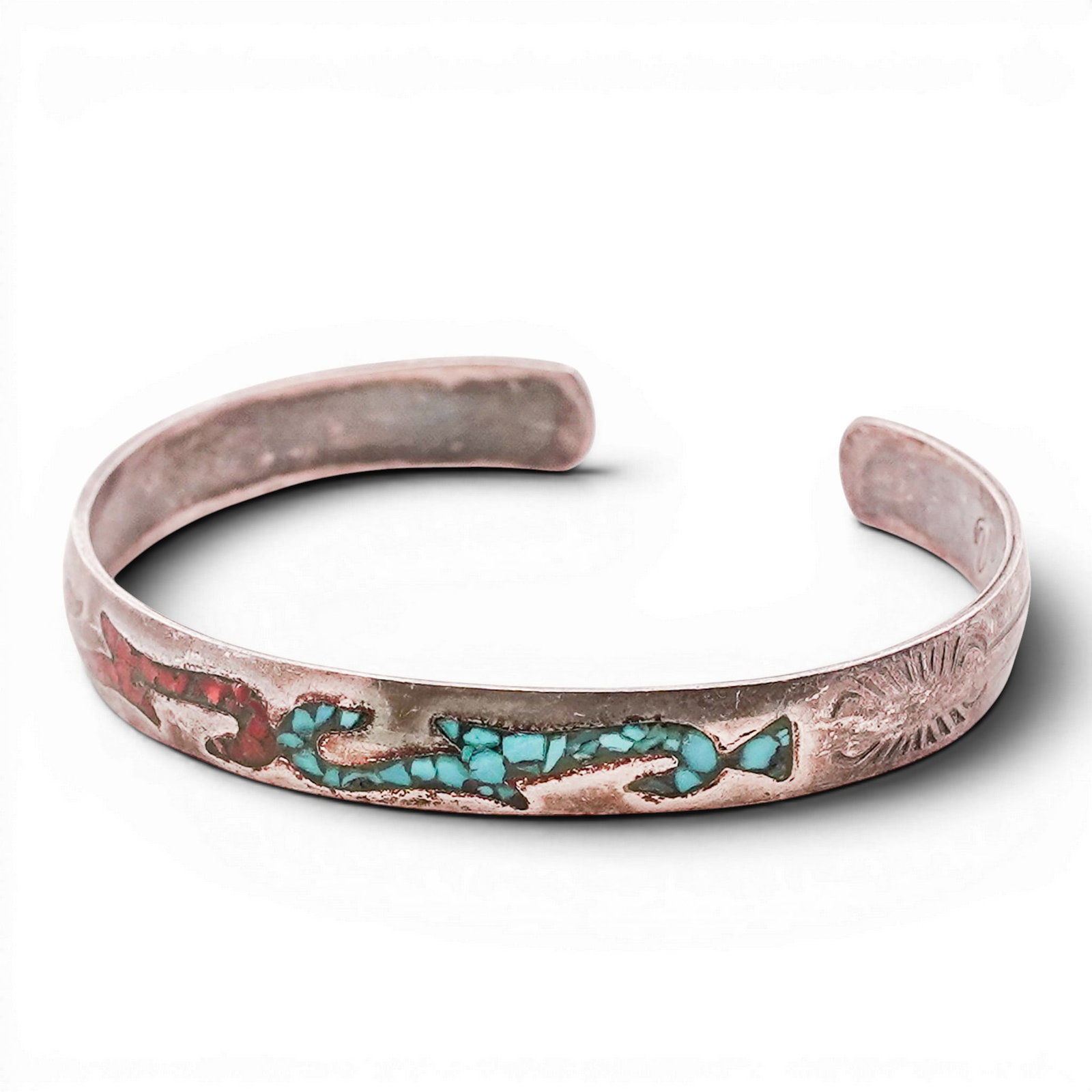 Vintage Southwestern Sterling Silver Inlay Cuff Bracelet Signed: Vintage Southwestern Sterling Silver Inlay Cuff Bracelet Signed Late 20th Century, USA Sterling silver cuff with channel inlay of turquoise and coral forming a stylized cactus motif. Interior stamped 