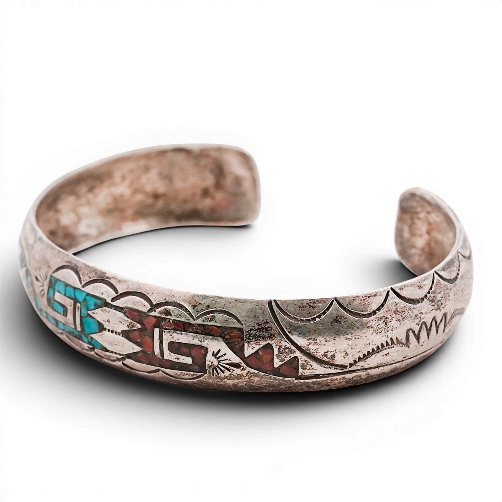 Vintage Zuni Sterling Silver Turquoise & Coral Inlay Cuff Bracelet: Vintage Zuni Sterling Silver Turquoise & Coral Inlay Cuff Bracelet 1970s-1980s, USA Hand-fabricated cuff bracelet featuring geometric channel inlay of turquoise and red coral set within a central pane