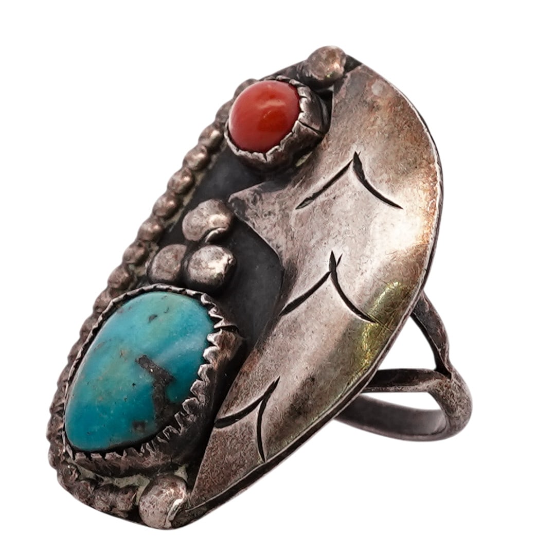 Vintage Southwestern Sterling Silver Turquoise & Coral Ring (1 of 4)