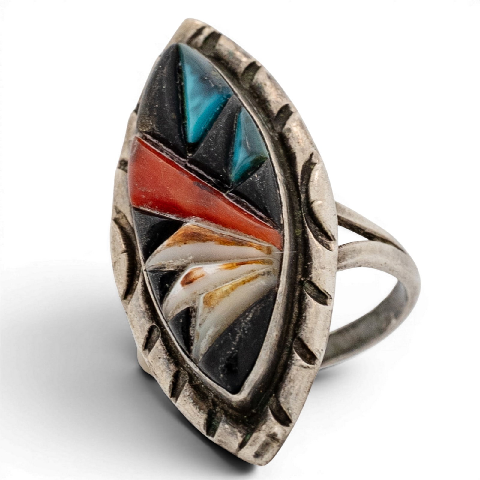 Vintage Zuni Sterling Silver & Multistone Inlay Navette Ring Signed (1 of 5)