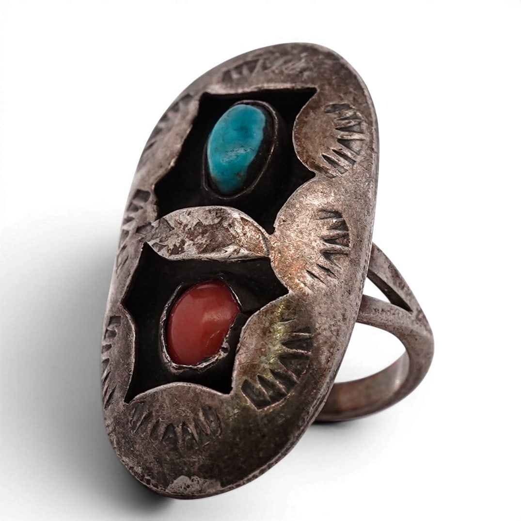 Vintage Southwestern Sterling Silver Turquoise & Coral Ring (1 of 4)