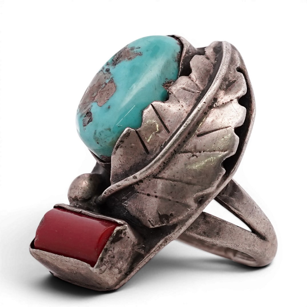 Vintage Navajo Sterling Silver Turquoise & Coral Leaf Motif Ring (1 of 4)
