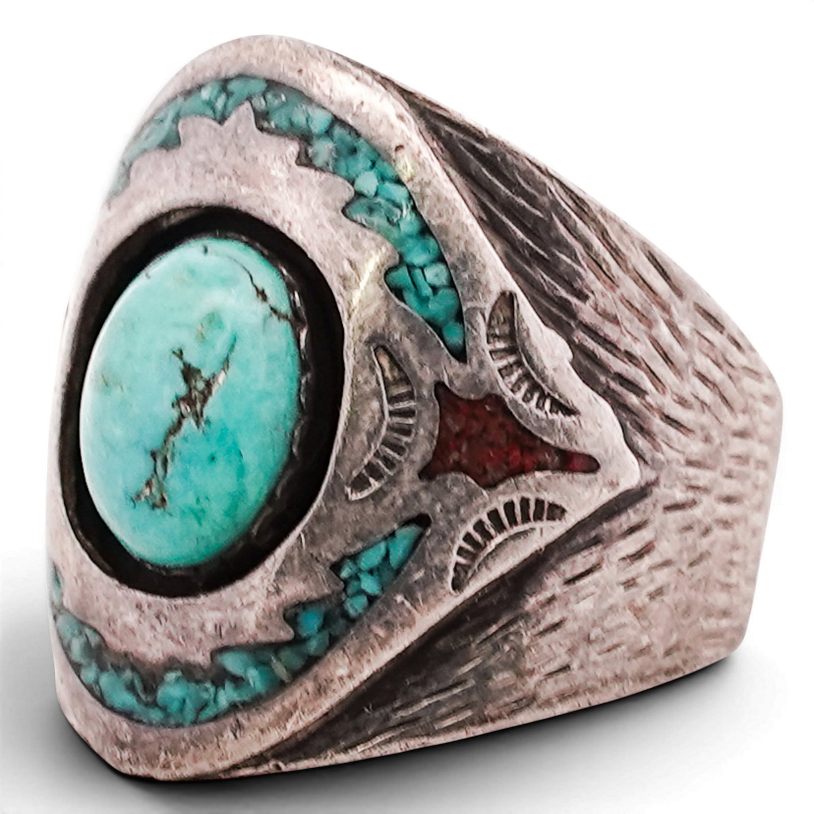 Vintage Geronimo Sterling Silver Turquoise & Chip Inlay Ring: Vintage Geronimo Sterling Silver Turquoise & Chip Inlay Ring 1970s-1980s, USA Sterling silver ring set with an oval turquoise cabochon within a raised bezel, surrounded by crushed turquoise inlay and 