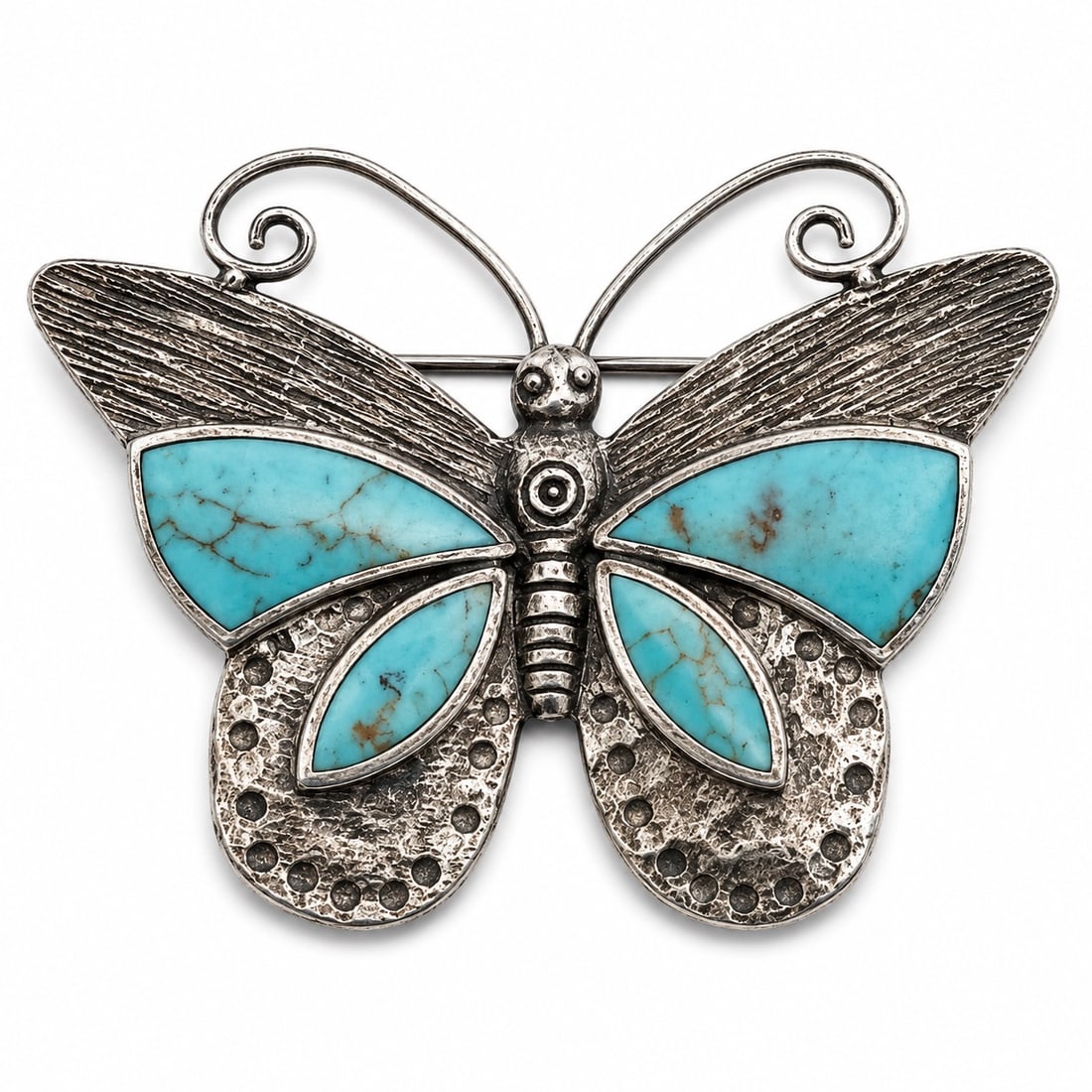 Southwest Sterling Silver & Turquoise Butterfly Pendant Brooch Signed: Southwest Sterling Silver & Turquoise Butterfly Pendant Brooch Signed Late 20th Century, USA Sterling silver butterfly brooch pendant with engraved wing detailing and inset turquoise panels. Dual-func