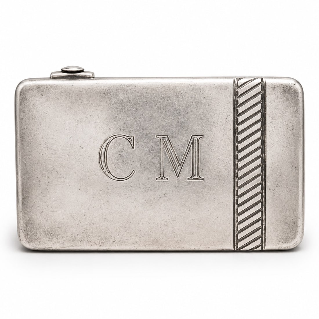 Vintage Navajo Sterling Silver Monogram Belt Buckle Signed: Vintage Navajo Sterling Silver Monogram Belt Buckle Signed 1970s-1980s, USA Rectangular belt buckle with softly curved profile, the front engraved with block monogram “CJM” and accented by a d