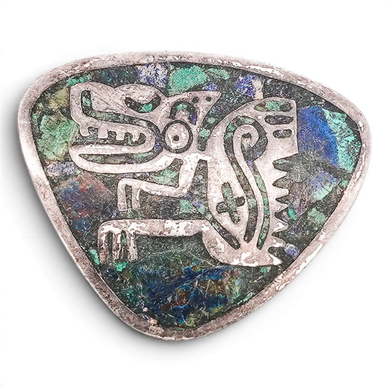 Vintage Taxco Sterling Silver Azurite & Malachite Inlay Figural Pendant Brooch Signed (1 of 2)