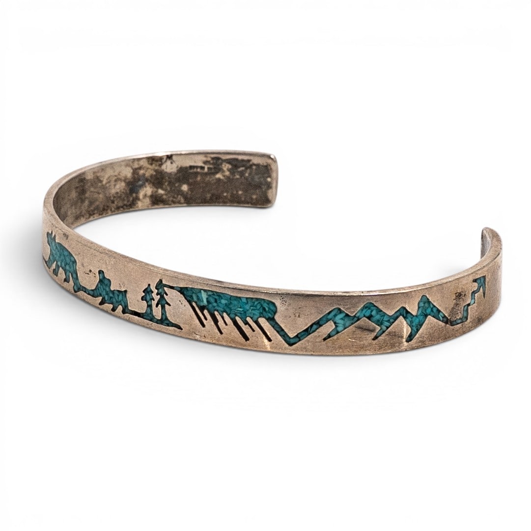 Vintage Navajo Sterling Silver & Turquoise Inlay Storyteller Cuff Bracelet Signed (1 of 10)