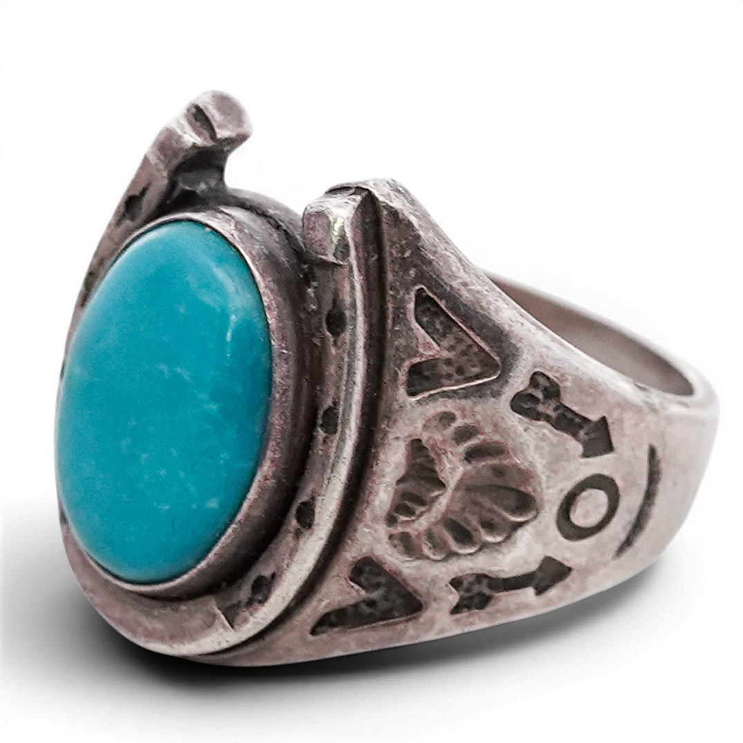 Vintage Navajo Sterling Silver & Turquoise Horseshoe Ring Signed (1 of 5)