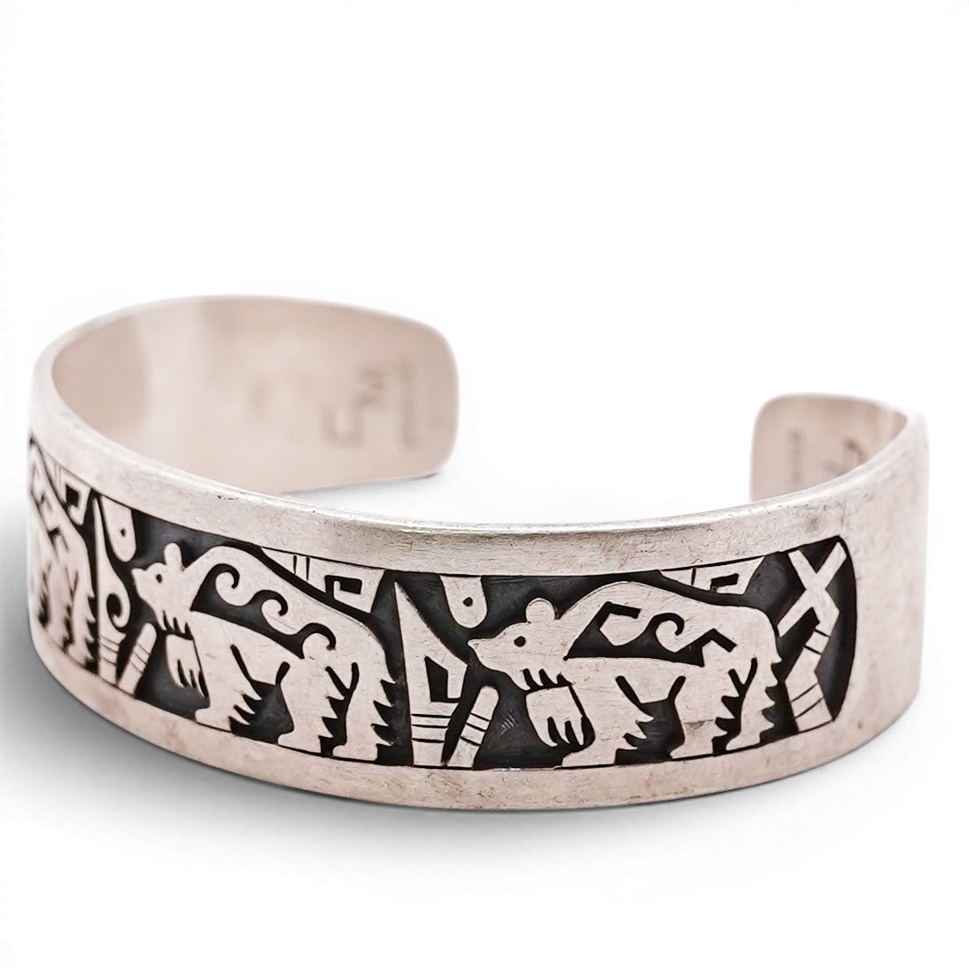 Vintage Navajo Sterling Silver Overlay Cuff Bracelet Signed: Vintage Navajo Sterling Silver Overlay Cuff Bracelet Signed 1970s-1980s, USA Vintage Navajo sterling silver cuff bracelet executed in overlay technique, with cutout animal and geometric motifs over an