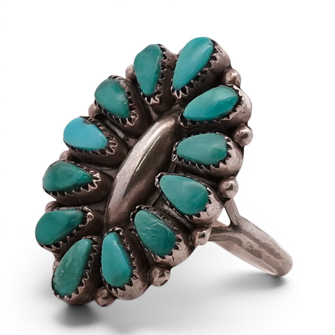 Vintage Navajo Sterling Silver & Turquoise Cluster Ring Signed: Vintage Navajo Sterling Silver & Turquoise Cluster Ring Signed 1970s–1980s, USA Sterling silver ring set with a cluster of teardrop-shaped turquoise cabochons arranged radially around a central silv
