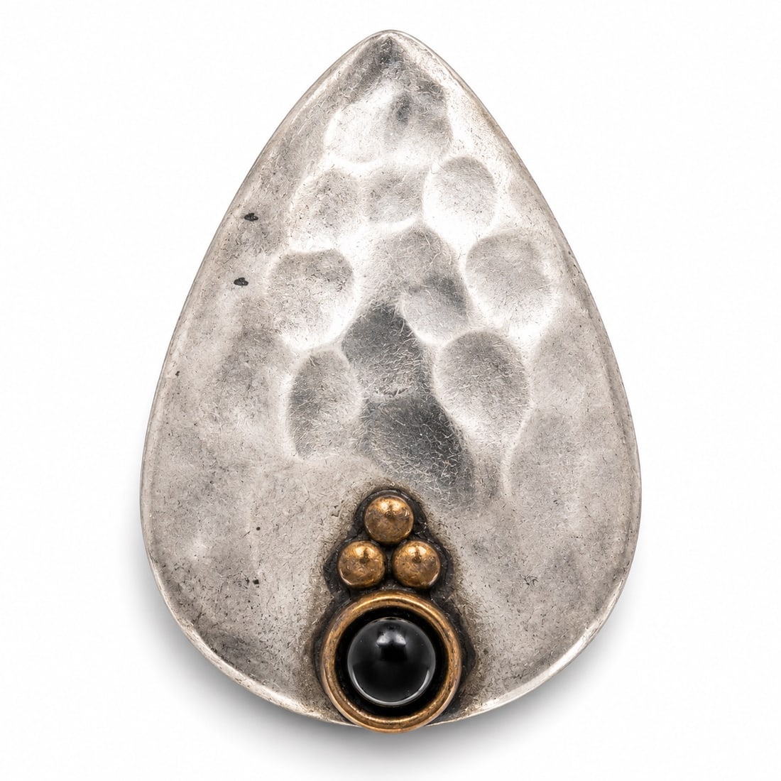 Vintage Southwest Sterling Silver Brass & Onyx Pendant Brooch Signed: Vintage Southwest Sterling Silver Brass & Onyx Pendant Brooch Signed Late 20th Century, USA Hand-fabricated sterling silver brooch/pendant of organic form with applied brass bezel and bead cluster, se