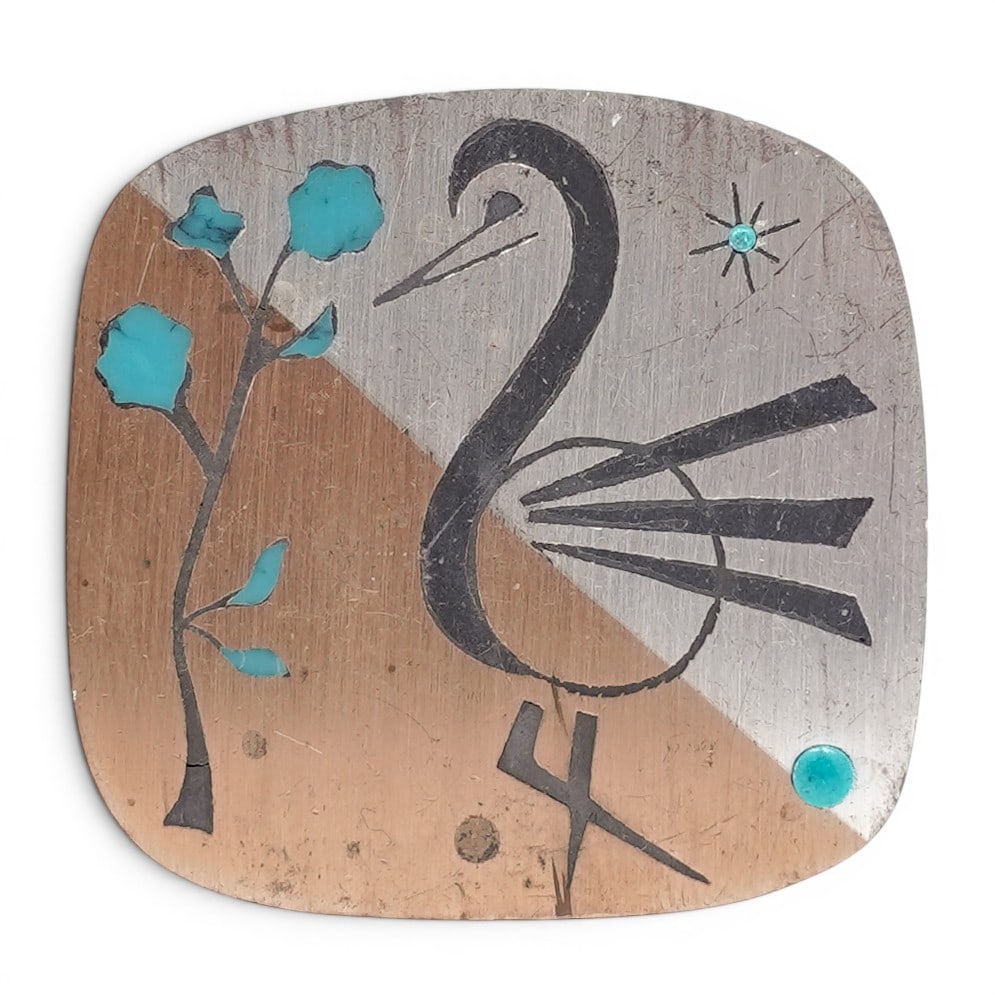 Vintage Taxco Sterling Silver Brass Turquoise & Onyx Inlay Bird Brooch (1 of 3)