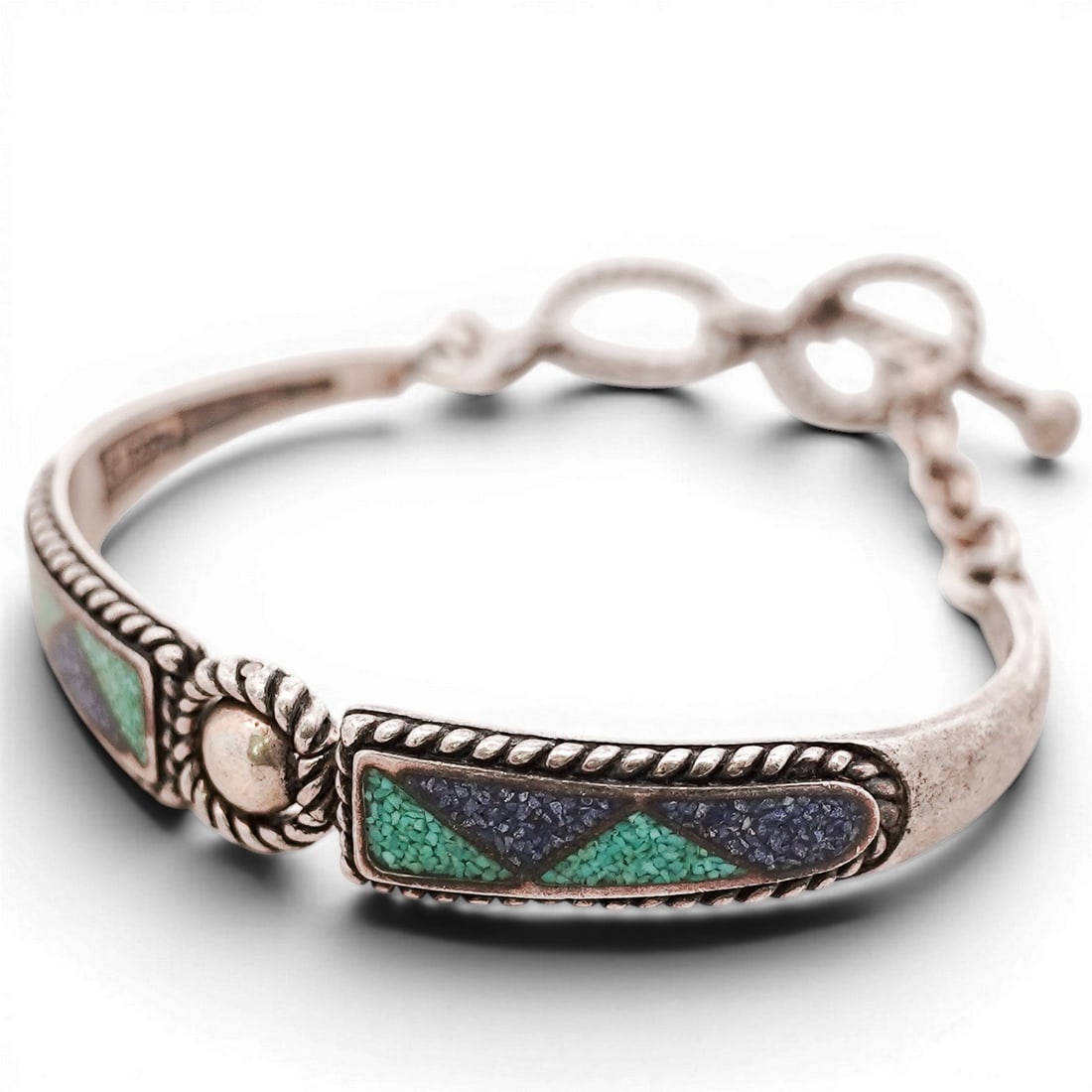 Vintage Relios Sterling Silver Inlay Toggle Bracelet: Vintage Relios Sterling Silver Inlay Toggle Bracelet Late 20th–early 21st century, USA Vintage sterling silver toggle bracelet by Relios, featuring geometric inlay of blue and green stones, likely c