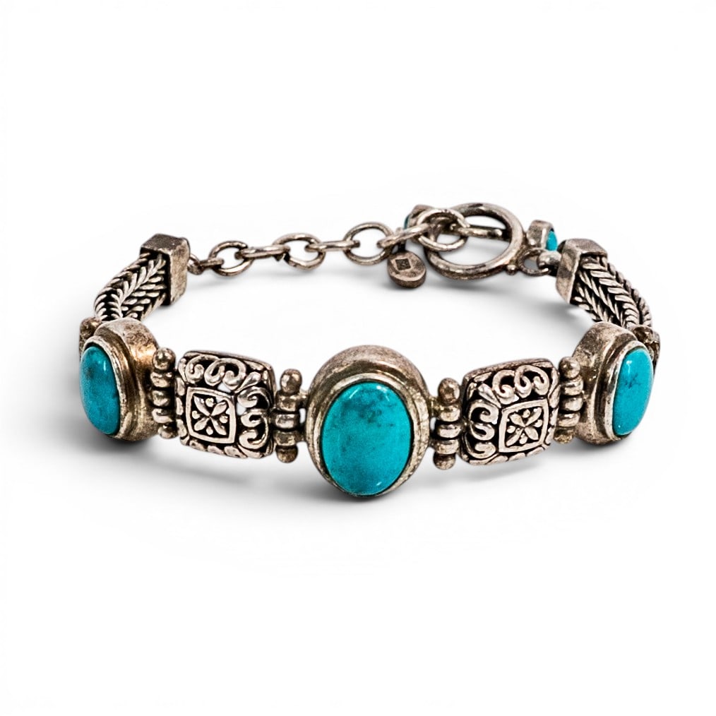 Barse Sterling Silver & Turquoise Toggle Bracelet: Barse Sterling Silver & Turquoise Toggle Bracelet 1990s–2000s, Chinese Barse sterling silver bracelet set with three oval turquoise cabochons in bezel settings, joined by cast silver spacer panels, 